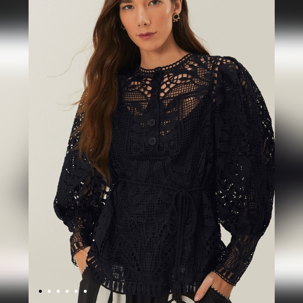 NWOT FARM RIO GUIPURE LACE PUFF-SLEEVE BLOUSE, SZ:XXS - Picture 13 of 15